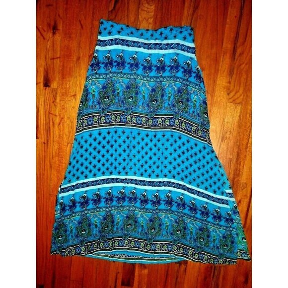 Womens L maxi skirt Cottagecore Peasant modest Boho printed teal blue side slits - Picture 1 of 11